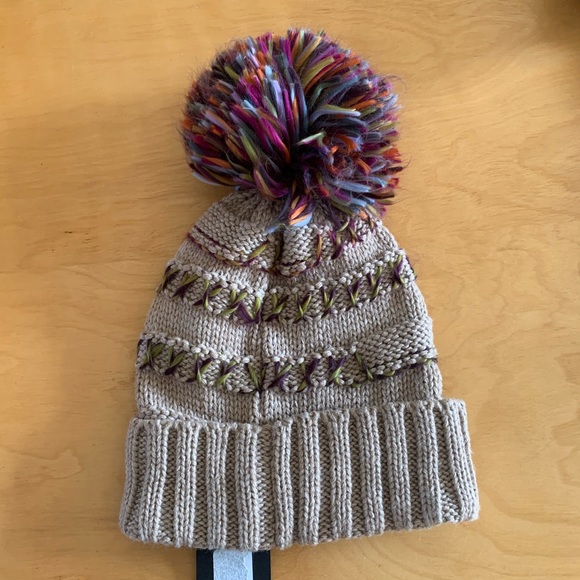 NWT Taupe Knit Hat with Large Multi Colored Pom - Picture 2 of 5